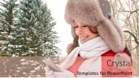  Presentation with winter forest - Beautiful slides featuring people season and leisure concept - close up of happy woman in fur hat with smartphone over winter forest background backdrop and a lemonade colored foreground