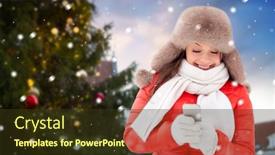  Presentation with town hall - Cool new presentation theme with people season and leisure concept - happy woman in winter fur hat with smartphone over christmas tree at tallinn old town hall square background and show backdrop and a tawny brown colored foreground