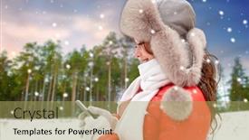  Presentation with winter forest - Colorful PPT theme enhanced with people season and leisure concept - happy woman in fur hat with smartphone over winter forest background and show backdrop and a yellow colored foreground