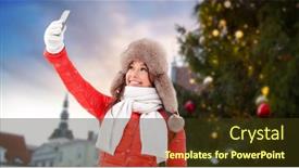  Presentation with town hall - PPT theme featuring people season and leisure concept - happy smiling woman in winter fur hat taking selfie by smartphone over christmas tree at tallinn old town hall square background background and a tawny brown colored foreground