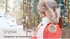  Presentation with forest winter - PPT layouts with people season and leisure concept - happy woman in fur hat with smartphone over winter forest background and show background and a coral colored foreground