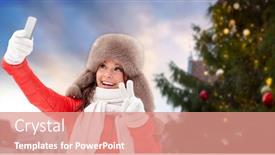  Presentation with town hall - Colorful PPT layouts enhanced with people season and leisure concept - happy smiling woman in winter fur hat taking selfie by smartphone over christmas tree at tallinn old town hall square background backdrop and a coral colored foreground
