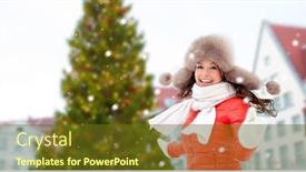  Presentation with town hall - Amazing theme having people season and leisure concept - happy woman in winter fur hat over christmas tree at tallinn old town hall square background and show backdrop and a tawny brown colored foreground