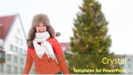  Presentation with town hall - PPT theme enhanced with people season and leisure concept - happy woman in winter fur hat over christmas tree at tallinn old town hall square background background and a tawny brown colored foreground