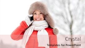  Presentation with season - Slides enhanced with people season and leisure concept - happy smiling woman in winter fur hat calling on smartphone outdoors background and a coral colored foreground