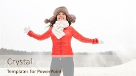  Presentation with season - Theme enhanced with people season and leisure concept - happy woman in winter fur hat having fun outdoors background and a cream colored foreground