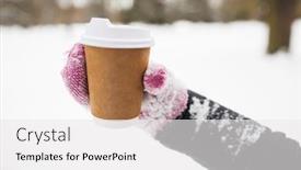  Presentation with season - Amazing presentation theme having people season drinks and leisure concept - close up of woman hand with coffee cup outdoors in winter backdrop and a white colored foreground