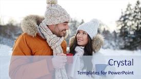  Presentation with hot tea - PPT layouts with people season love drinks and leisure concept - happy couple holding hot tea cups over winter landscape background and a sky blue colored foreground
