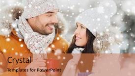 Presentation with hot tea - Slide set with people season love drinks and leisure concept - happy couple holding hot tea cups over winter landscape background and a coral colored foreground