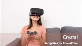  Presentation with game - Colorful PPT theme enhanced with people seeing mobile - woman playing game with vr backdrop and a  colored foreground