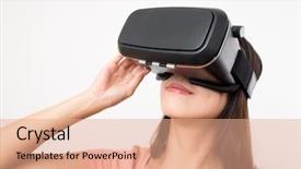  Presentation with virtual reality - Cool new PPT layouts with people seeing mobile - woman watching video on virtual backdrop and a  colored foreground