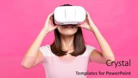  Presentation with virtual reality therapy - Audience pleasing PPT theme consisting of people seeing mobile - woman watching virtual reality equipment backdrop and a coral colored foreground