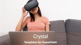  Presentation with virtual reality environments - Slide deck featuring people seeing mobile - woman watching virtual reality background and a  colored foreground