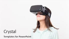  Presentation with virtual reality - Slide deck with people seeing mobile - young woman looking though virtual background and a  colored foreground