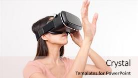  Presentation with virtual reality medical - PPT theme having people seeing mobile - young woman looking though virtual background and a  colored foreground
