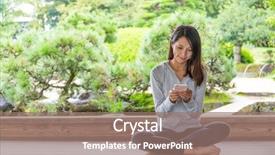  Presentation with wood floor wiht lighting - Colorful presentation theme enhanced with people seeing mobile - young woman sitting on wooden backdrop and a coral colored foreground