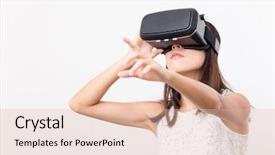  Presentation with virtual reality - Presentation design consisting of people seeing mobile - young woman watching though virtual background and a  colored foreground