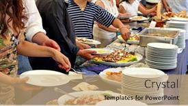 Presentation with food - PPT theme featuring people-serving-themselves background and a coral colored foreground