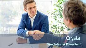  Presentation with partnership - Amazing PPT theme having people shaking hands after sign backdrop and a ocean colored foreground