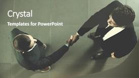  Presentation with business partner people joining hand - Slide set having people shaking hands make deal background and a  colored foreground