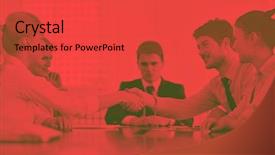  Presentation with business partner people joining hand - Cool new PPT theme with people shaking hands make deal backdrop and a  colored foreground
