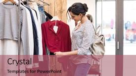  Presentation with clothes shop - PPT theme enhanced with people shopping - happy young woman choosing background and a violet colored foreground