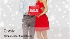  Presentation with christmas sale - Amazing theme having people shopping christmas winter and holidays concept - happy couple in santa hats with red sale sign hugging over snow background backdrop and a light gray colored foreground