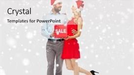  Presentation with christmas sale - Audience pleasing PPT theme consisting of people shopping christmas winter and holidays concept - happy couple in santa hats with red sale sign hugging over snow background backdrop and a white colored foreground
