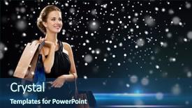  Presentation with christmas sale - Presentation consisting of people shopping sale christmas and holidays concept - smiling woman in dress with shopping bags over night lights and snow background background and a ocean colored foreground