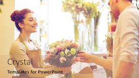  Presentation with consumerism - PPT theme featuring people shopping sale floristry and consumerism concept - happy smiling florist woman making bouquet for and man or customer at flower shop background and a coral colored foreground