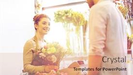  Presentation with consumerism - Presentation design featuring people shopping sale floristry and consumerism concept - happy smiling florist woman making bouquet for and man or customer at flower shop background and a coral colored foreground