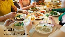  Presentation with people hold hand around globe - Cool new theme with people sitting around served table backdrop and a coral colored foreground