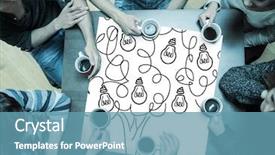  Presentation with page - Presentation design with man hand drawing light bulb - people sitting around table drinking background and a teal colored foreground