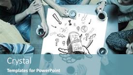  Presentation with profit - Presentation design having people sitting around table drinking coffee with page showing profit and economy doodle background and a teal colored foreground