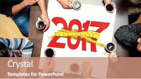  Presentation with tape measure - Cool new presentation theme with people sitting around table drinking coffee against digitally generated image of new year with tape measure backdrop and a coral colored foreground