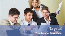  Presentation with questions - PPT theme enhanced with people sitting at a blue background and a  colored foreground