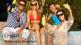  Presentation with people enjoying - Slide deck consisting of people sitting by swimming pool background and a coral colored foreground