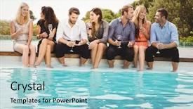  Presentation with swimming pool - PPT theme consisting of people sitting by swimming pool background and a light blue colored foreground