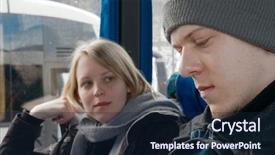  Presentation with bus - Cool new theme with happy dentistry team with female patient holding mirror in clinic backdrop and a light gray colored foreground