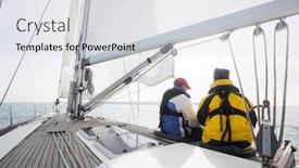  Presentation with yacht - Colorful slide set enhanced with people sitting on yacht deck in sea backdrop and a light gray colored foreground