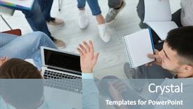  Presentation with group therapy - Colorful PPT theme enhanced with people sitting together in circle backdrop and a light blue colored foreground