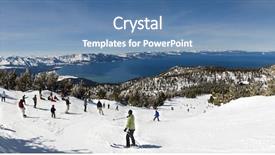  Presentation with skiing - Beautiful slide deck featuring people skiing by lake tahoe backdrop and a teal colored foreground