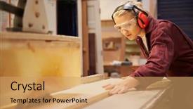  Presentation with apprentice - Beautiful slide deck featuring female apprentice using circular saw backdrop and a coral colored foreground