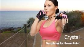  Presentation with sport coach - Slide deck with people sport fitness jogging and healthy lifestyle concept - happy asian woman coach blowing whistle outdoors over beach sunset background background and a violet colored foreground