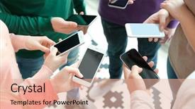  Presentation with smartphones - Cool new slides with people standing in circle and using smartphones closeup backdrop and a coral colored foreground