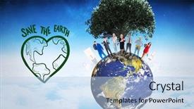  Presentation with blue sky - PPT theme featuring people standing on the world background and a light blue colored foreground