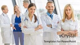  Presentation with design medical hospital - PPT theme consisting of people standing with arms cross background and a  colored foreground