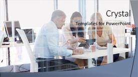  Presentation with meeting table - Amazing slide set having people strategy - group of colleagues meeting backdrop and a light gray colored foreground