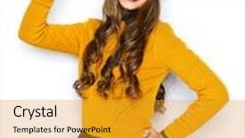  Presentation with casual young people - Amazing presentation theme having people style and fashion concept - happy young woman or teen girl in casual clothes and hipster hat pointing finger up backdrop and a gold colored foreground