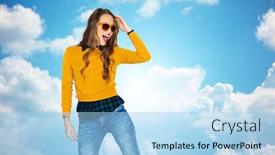  Presentation with casual young people - Presentation theme featuring people style and fashion concept - happy young woman or teen girl in casual clothes and sunglasses having fun over blue sky and clouds background background and a light blue colored foreground